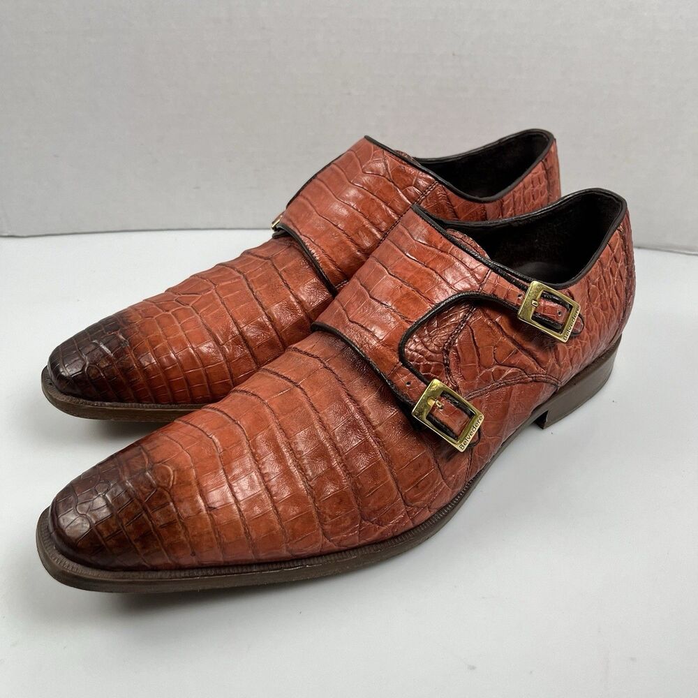 Belvedere Valiente Rust Crocodile Leather Double Monk Strap Shoes Mens Size 9